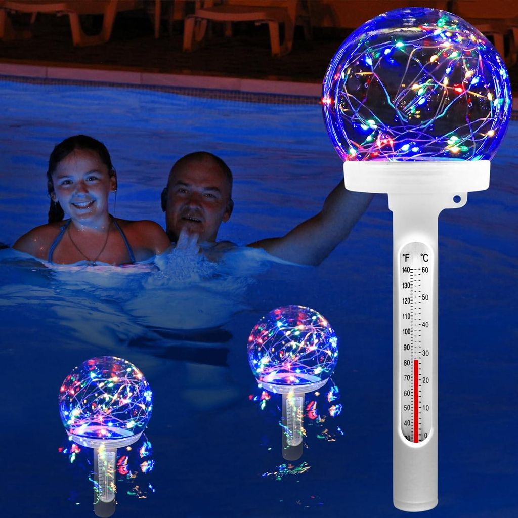 Schwimmendes Poolthermometer, farbiges LED-Solar-Poolthermometer, nachts gut ablesbares Poolthermometer, Schwimmbadwasserthermometer mit Oberlichte...