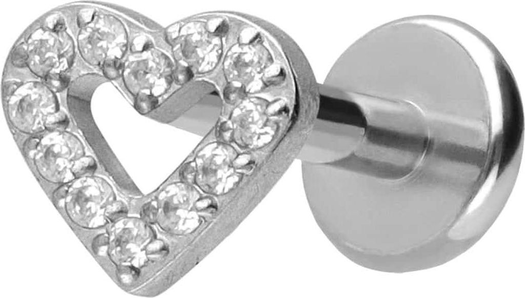 Ohrpiercing, Nasenpiercing Titan Labret mit Push Fit KRISTALLHERZ Silber Stablänge: 8mm | Stabstärke: 1,2mm