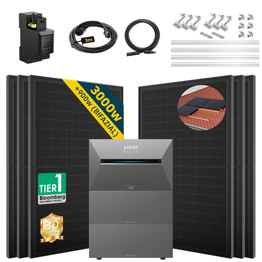 ALLDREI Balkonkraftwerk mit Speicher Anker Solix Solarbank 3 E2700 Pro & BP2700*2,Komplettset mit 6x500W Bifazialer Solarpanel & Smarten Zähler