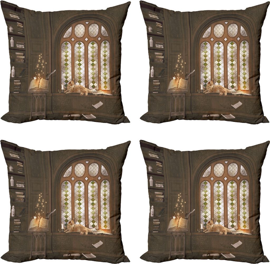 ABAKUHAUS gotisch Kissenbezug Set (4 Stück), Mittelalterliche Bibliothek Katze, Moderner Doppelseitiger Digitaldruck, 45 cm x 45 cm, Taupe