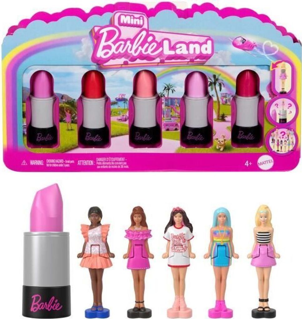 Barbie Mini BarbieLand Lippenstift Set, 6 Mini Fashionistas Puppen, 3,8 cm, 4+ Jahre, Sammelpuppen