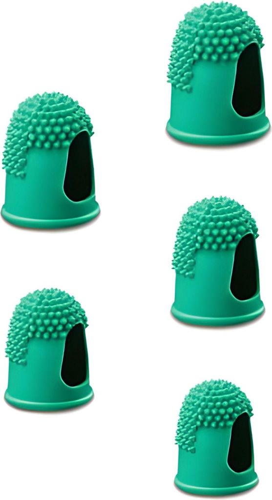 Five green finger cots with a textured surface are arranged in a grid on a white background.