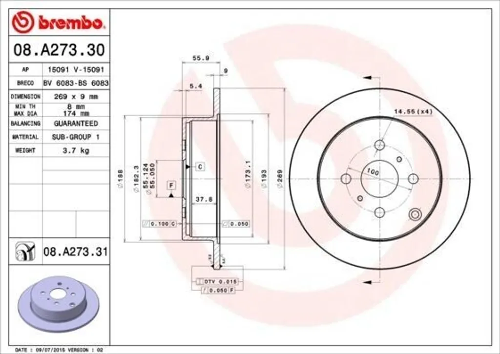 Brembo 08.A273.31 Disque de Frein pour Corolla E12 - OE 4243102050