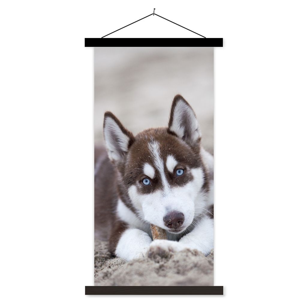MuchoWow Textilposter Welpe liegt am Strand 60x120 cm mit schwarzem Rahmen - Magnete