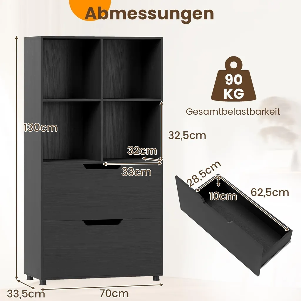 Bibliothèque 4 cubes noire avec 2 tiroirs de 130 cm pour salon