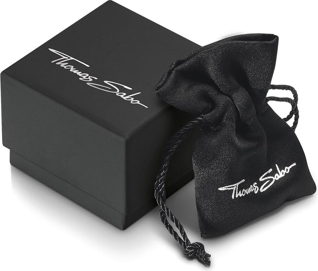 A black gift box and a black drawstring pouch with the Thomas Sabo logo.