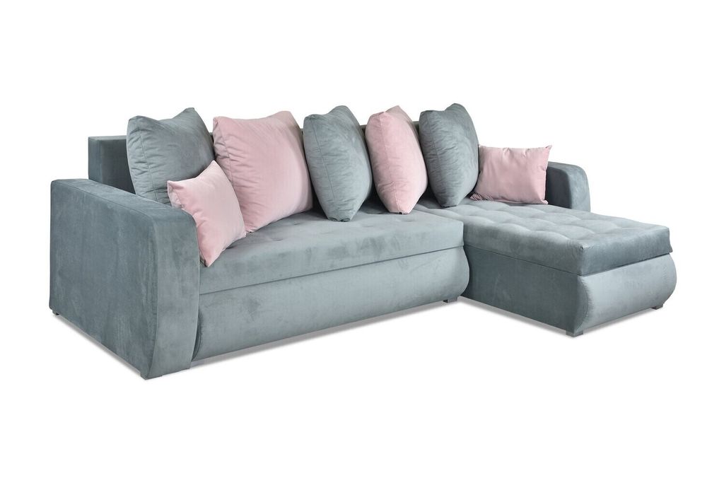 A sectional sofa with multiple throw pillows.