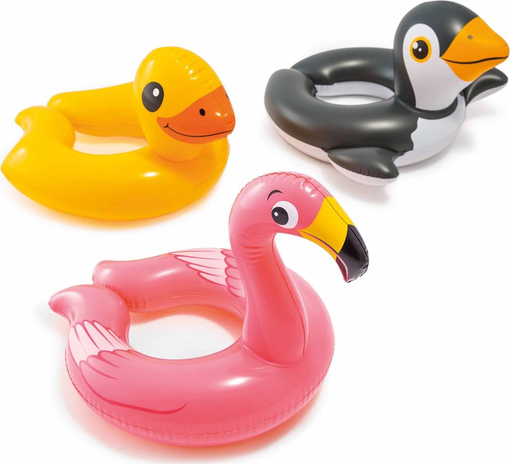 Three inflatable animal-shaped swim rings (duck, penguin, and flamingo) are displayed against a white background.