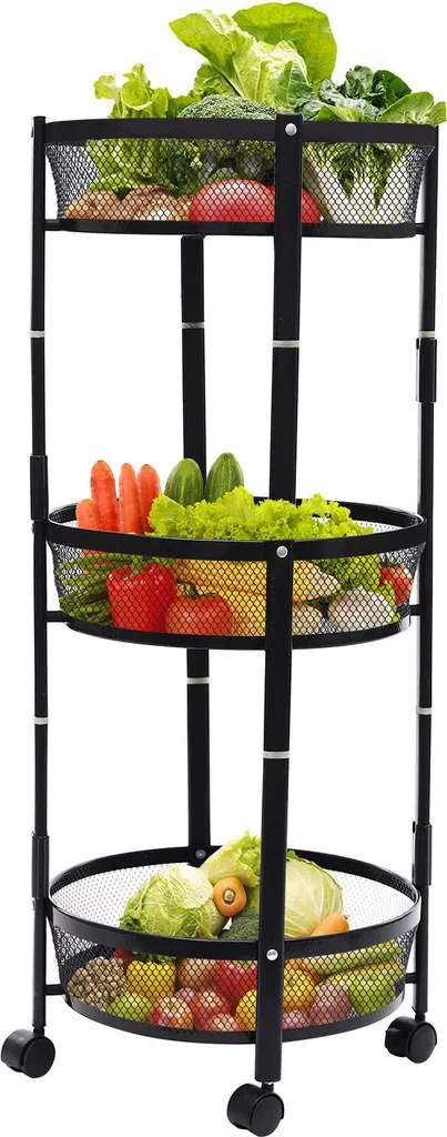 Desserte de cuisine et étagère à légumes noire à 3 niveaux de rangement
