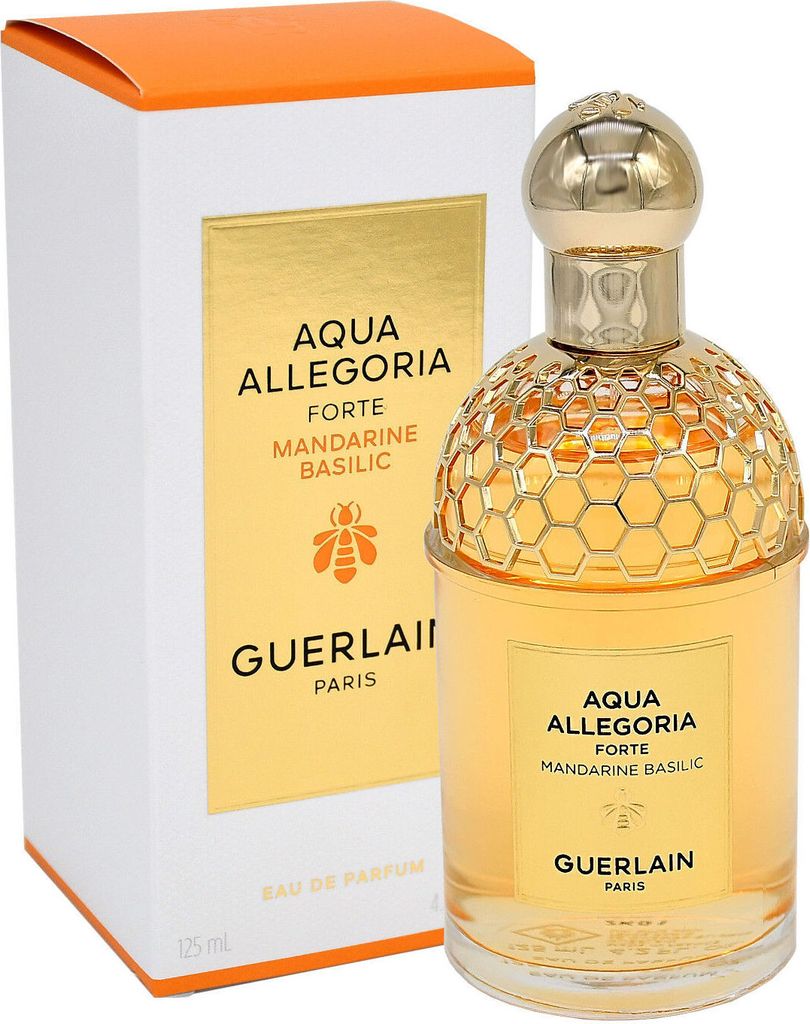 A bottle of Guerlain Aqua Allegoria Forte Mandarine Basilic Eau de Parfum and its packaging are displayed.