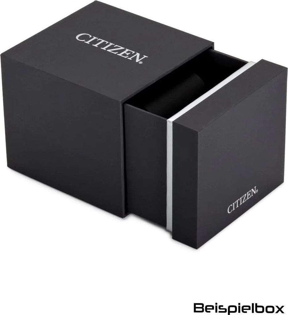 A black Citizen watch box, partially open, showing the interior.