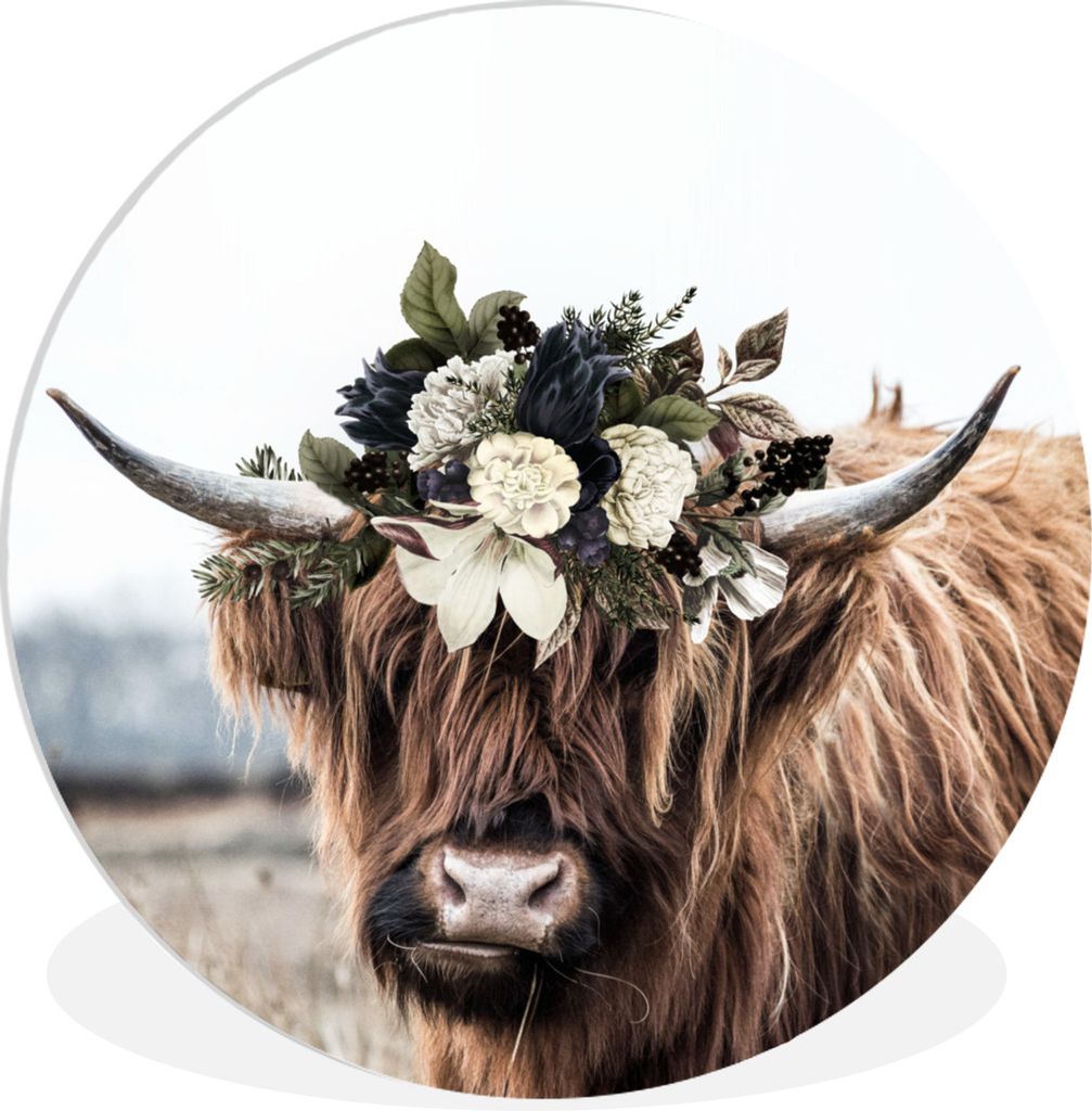 MuchoWow Rundes Wandbild - Runde Bilder Schottischer Highlander - Blätter Ø 90 cm Kreis Wanddekoration Kunststoff - Wandkreis - Wandschmuck - W...