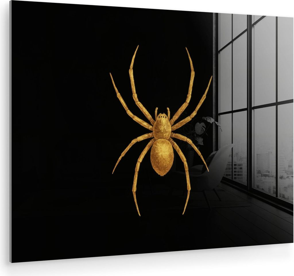 MuchoWow Glasbilder - Bilder auf Wandbild - Foto auf Glas Spinne - Gold - Minimalistisch - Beine 80x60 cm Wanddekoration aus Glas - Acrylglasbild -...