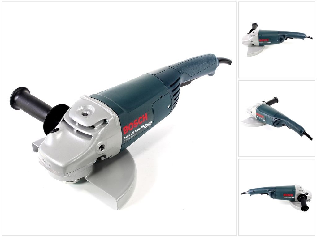 A Bosch angle grinder is shown against a white background, with multiple smaller images of the product on the right side.