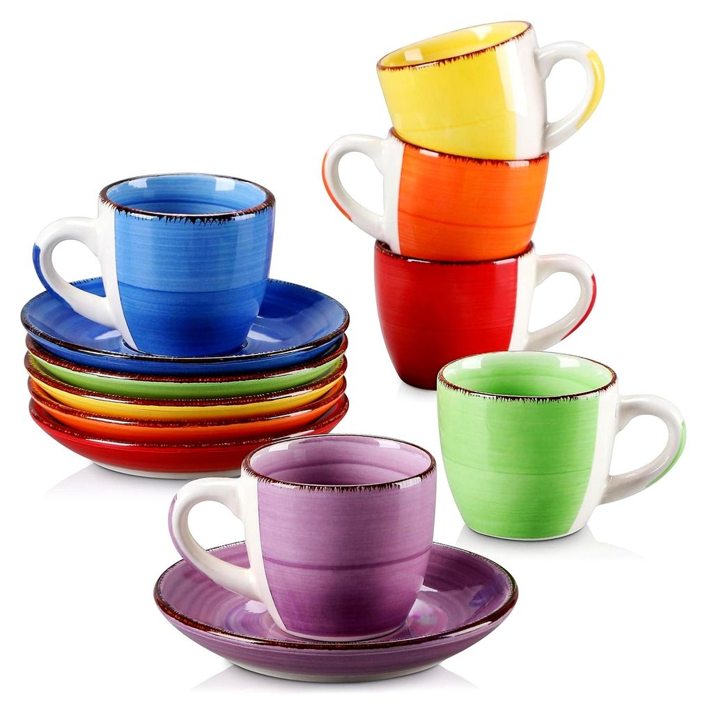 Espressotassen Steingut BONITA 12-teiliges Set, Stapelbare Kaffeetassen mit Untertasse 80ml, für 6-12 Personen