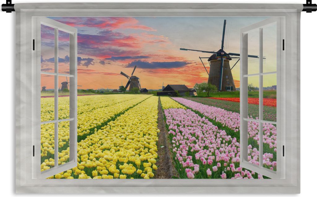 MuchoWow Wandteppich Wandbehang Aussicht - Sonnenuntergang - Tulpen 90x60 cm Tapisserie Dekoration Wandtuch - Wandskulpturen - Bildteppich