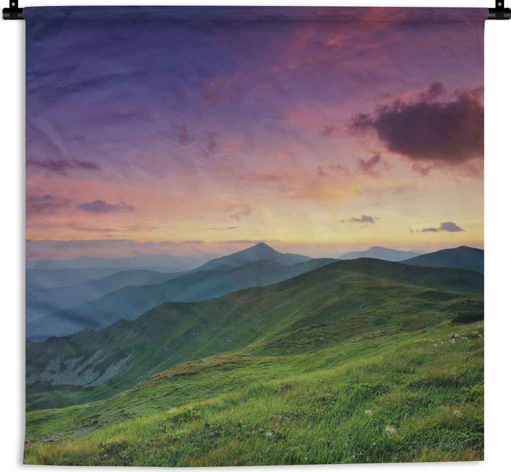MuchoWow Wandteppich Wandbehang Berg - Gras - Landschaft - Abend 60x60 cm Tapisserie Dekoration Wandtuch - Dekorationen - Wand Decke