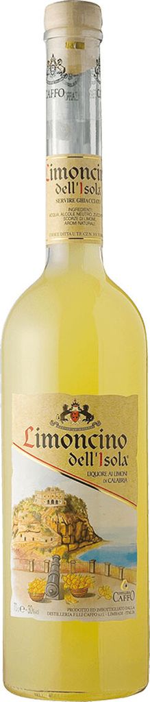 A bottle of Limoncino Dell Isola liqueur.