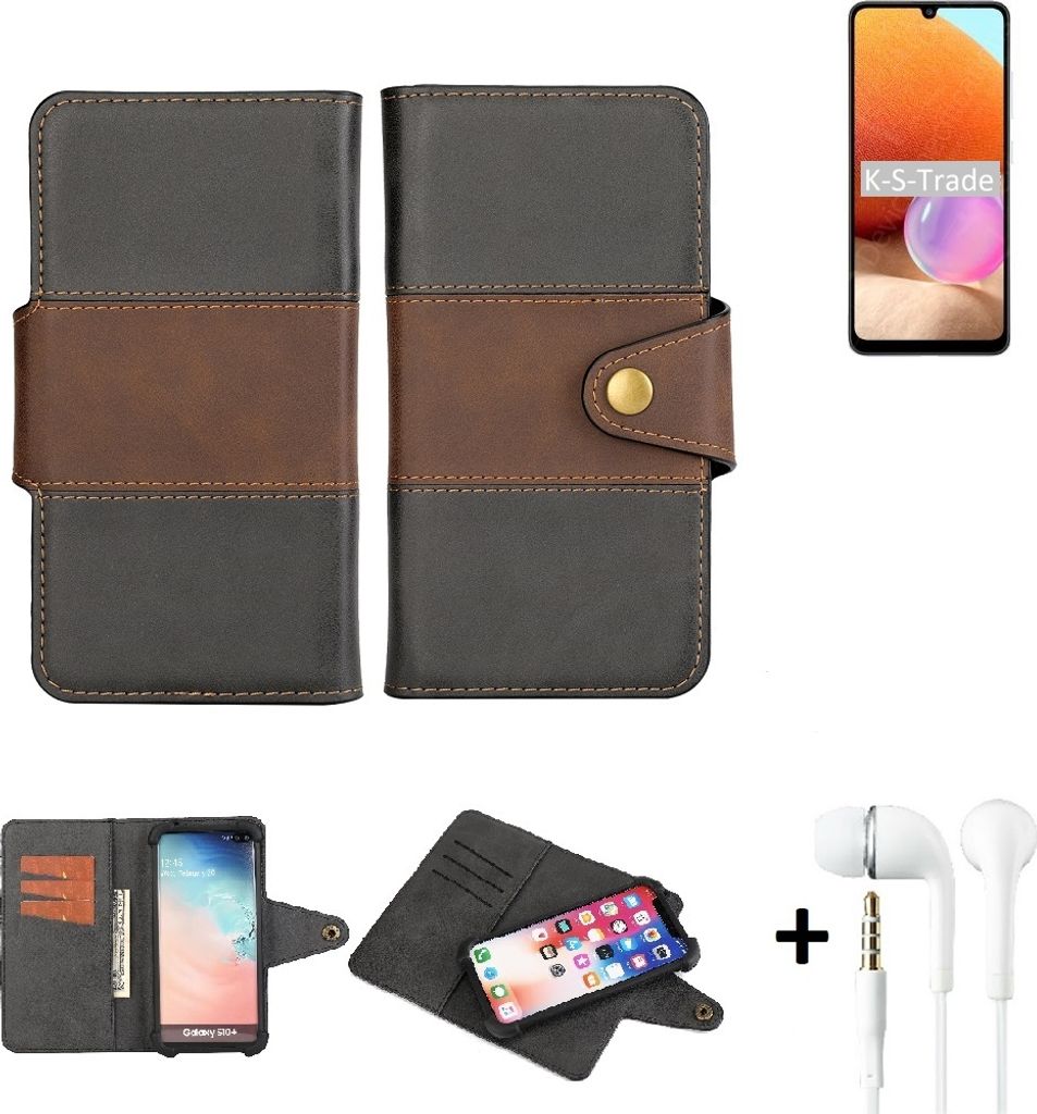 K-S-Trade Handy-Hülle Schutz-Hülle Bookstyle Wallet-Case kompatibel mit Samsung Galaxy A32 + earphones Bumper rundumschutz schwarz-braun 1x
