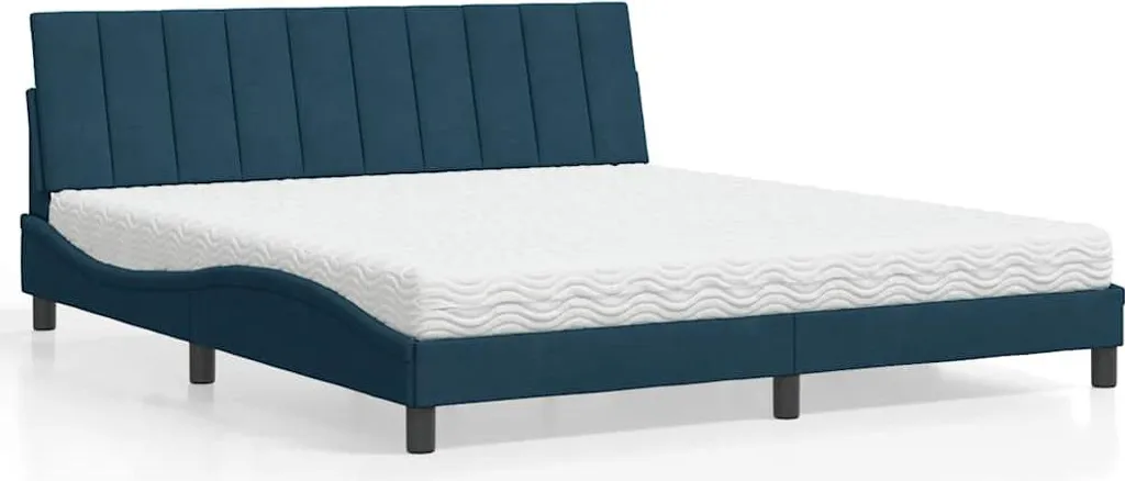 Grand lit 180x200 Hanko velours bleu avec matelas pour chambre adulte
