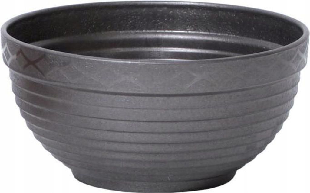 A dark gray plastic planter bowl is shown against a white background.