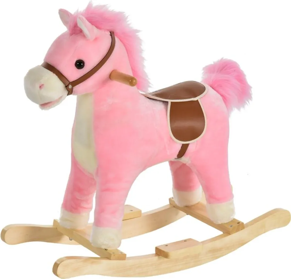 Cheval à bascule sonore Rose avec socle bois pour enfant de 3 à 6 ans