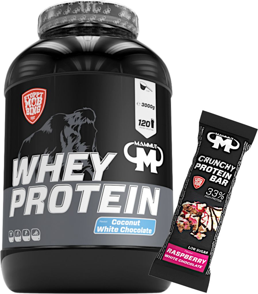 Mammut Nutrition - Whey Protein 3000 g Dose - 120 Portionen Eiweiß + GRATIS Protein Bar (Raspberry White Chocolate), Geschmack: Coconut White Choc...