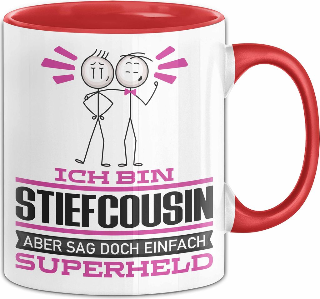 Stiefcousin Geschenk Tasse Ich Bin Stiefcousin Aber Sag Doch Einfach Superheld Lustige Geschenkdiee für Stiefcousin Kaffee-Becher (Rot)