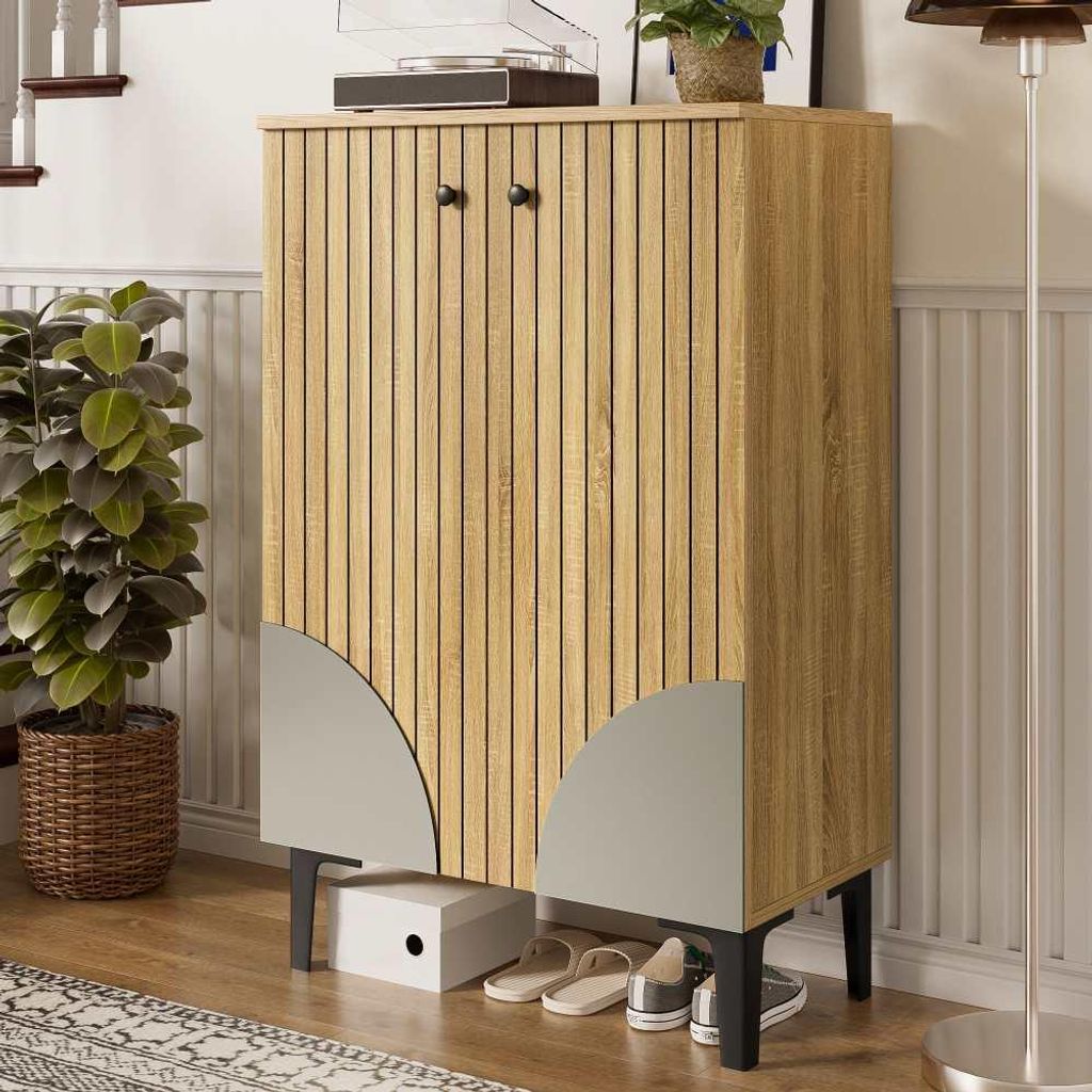 AIORBER Moderner Holz-Schuhschrank mit Türen – Schuh-Organizer mit Regalfächern, Stauraum & Metallgestell, stilvolles Design für Flur & Wohnzi...