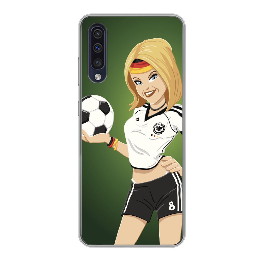 MuchoWow Handyhülle Schutzhülle Hülle für Samsung Galaxy A30s Illustration eines Mädchens mit deutscher Kleidung und einem Fußball - Mädch...