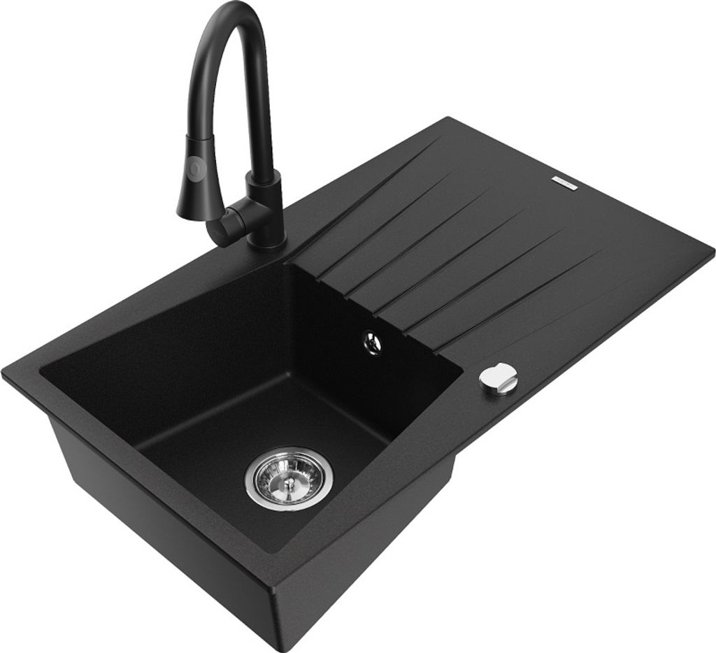 Mexen Cesar 1 Becken-Granitspüle mit Abtropffläche und Mischbatterie Elia, Schwarz - 6514-77-670101-70