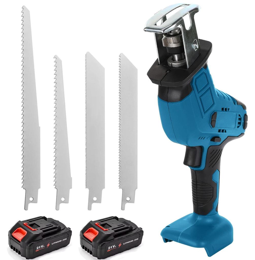 Akku-Säbelsäge - 18V - Zwei Akkus - Verstellbare Geschwindigkeit - Bis 4000 U/min - Für Holz, Metall & PVC - Hellblau