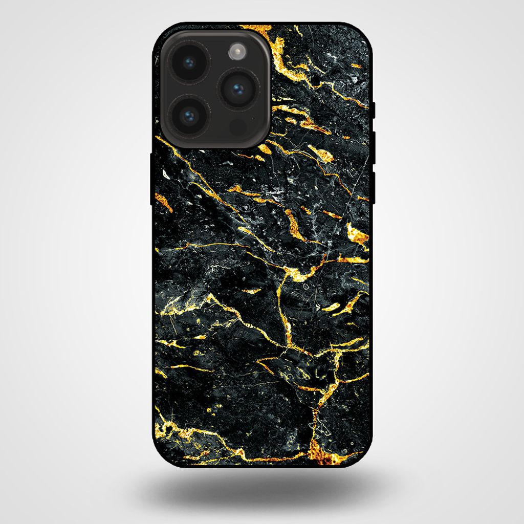 Smartphonica Handytasche für iPhone 14 Pro Max mit Marmordruck - TPU Rückendeckung Fall Marmor Design - Gold Schwarz
