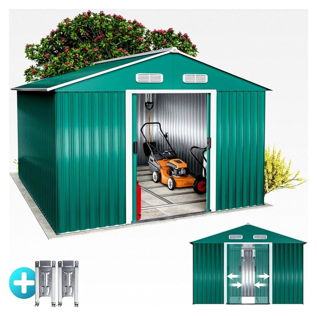 XXXL Metall Gerätehaus 8m² mit Fundament 312x257x178cm Schiebetür Grün Geräteschuppen Gartenhaus 15m³
