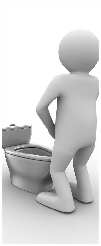 Wallario Premium Glasbild, freischwebende Optik, kräftige Farben, Größe 80 x 32 cm Motiv Pinkelndes Computer-Männchen und künstliche Toilette