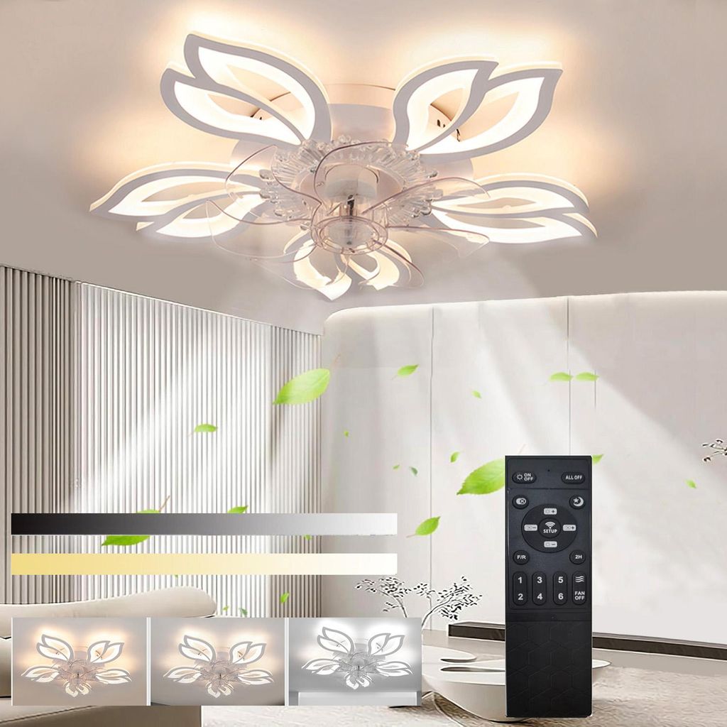 85W LED Deckenleuchte mit Ventilator, Leise Deckenventilator mit Beleuchtung, Dimmbar mit Fernbedienung , Timer, Blume Design, für Wohnzimmer