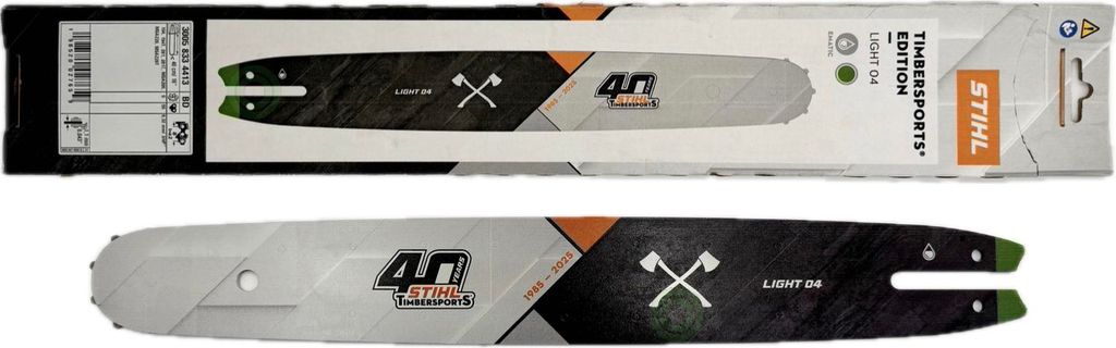 A STIHL chainsaw guide bar and its packaging.