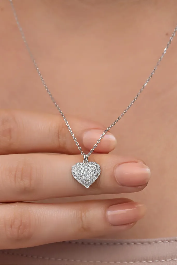 Collier Argent 925 Rhodié Cœur Brillant Sertis de Cristaux Zircone