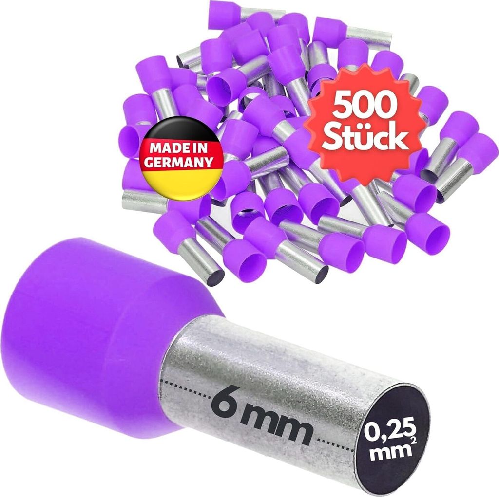 500 Stück Kalitec AE02506VI Aderendhülsen isoliert 0,25mm² 6mm lang violett I Germany I Industriequalität
