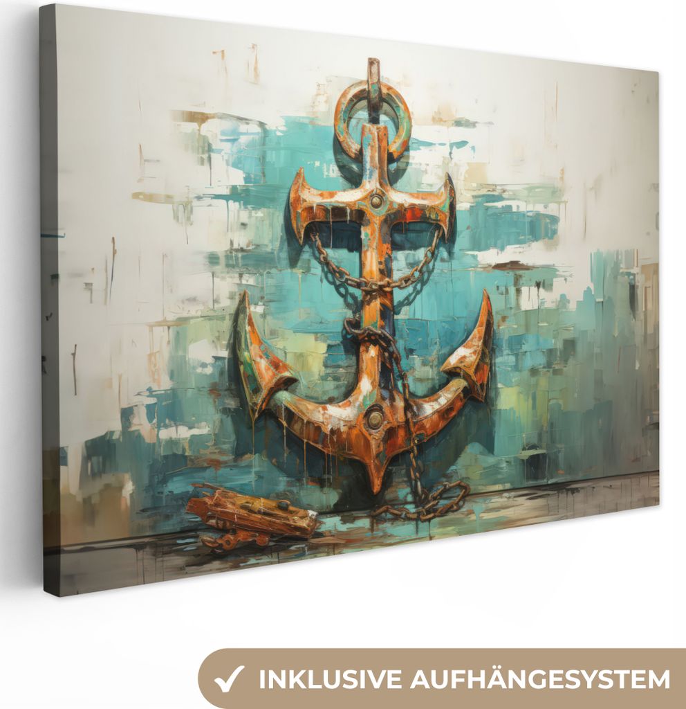 MuchoWow - Leinwandbilder - Anker - Blau - Weiß - Maritim, Wandbild, Wanddeko Bilder Wohnzimmer, 120x80 cm