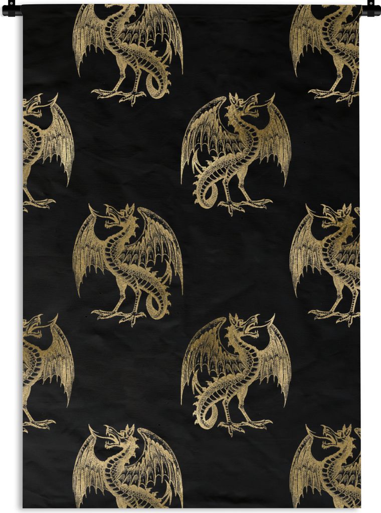 MuchoWow® Wandteppich Wandbehang Muster - Drache - Gold Produktbild 