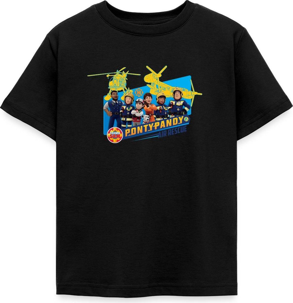 Spreadshirt Feuerwehrmann Sam Pontypandy Air Rescue Kinder T-Shirt, 122/128 (7-8 Jahre), Schwarz