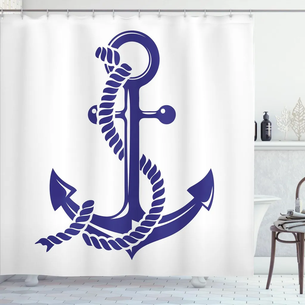 ABAKUHAUS Tenda da doccia in stile marittimo, simbolo nautico Monocromatico Disegno Corda e ancora Illustrazione Stampa, 175 x 180 cm, Lavanda scura e bianco - 1