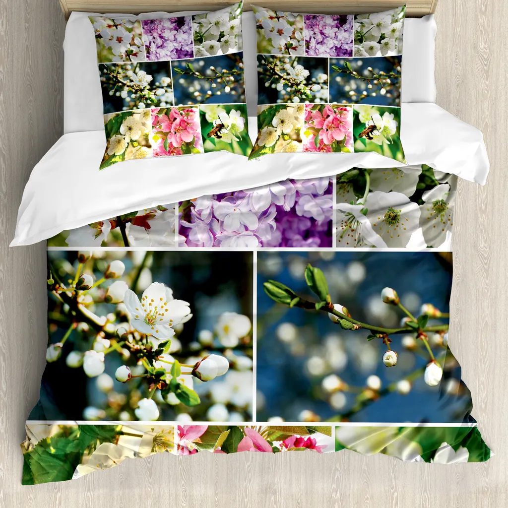ABAKUHAUS Copripiumino in ciliegio, collage paesaggio primaverile, antiacaro, adatto a chi soffre di allergie, con federe, 155 cm x 220 cm - 80 x 80 cm, multicolore