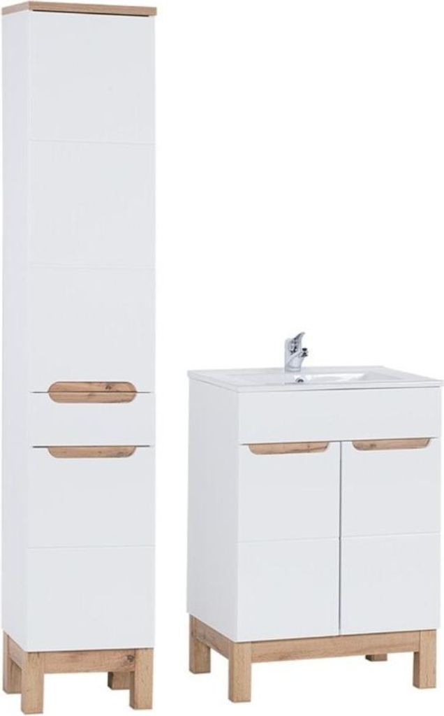 Badezimmer-Set ERMANO: Waschtischunterschrank 60cm + rechteckiges Einbauwaschbecken + Siphon + Hochschrank
