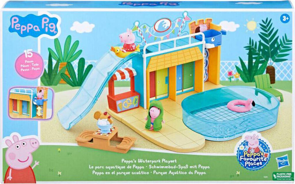 The image shows the packaging of a Peppa Pig waterpark playset, featuring the playset itself with Peppa Pig characters and accessories.