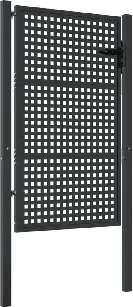 A dark gray metal garden gate with a grid pattern, mounted between two posts.