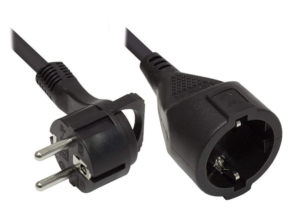 Verlängerung Schutzkontakt-Flachstecker Typ E+F (CEE 7/7, gewinkelt) an Buchse Typ F (CEE 7/3, gerade), schwarz, 1,50 mm², 5 m, Good Connections