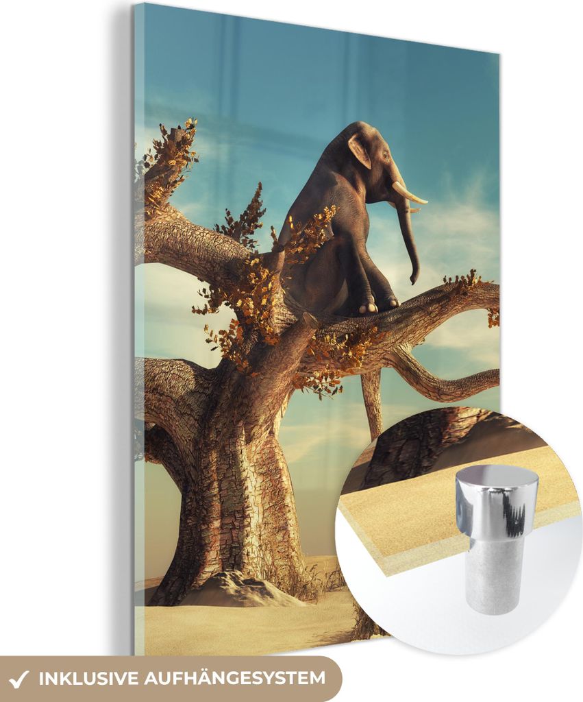 MuchoWow Glasbilder - Bilder auf Wandbild - Foto auf Glas Elefant - Baum - Natur - Wüste 60x80 cm Wanddekoration aus Glas - Acrylglasbild - Acrylb...