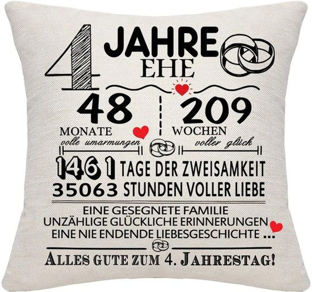Housse de coussin 4e anniversaire de mariage en lin 40x40 cm